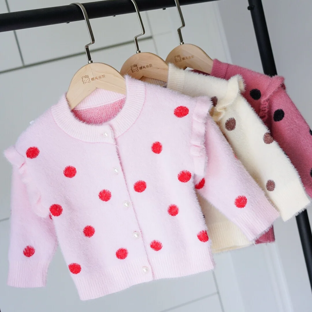 

Girls Mink Cashmere Sweater Cardigan Baby Coat Brushed And Thick Autumn And Winter Sweater Childrenswear Baby Polka Dot Tops