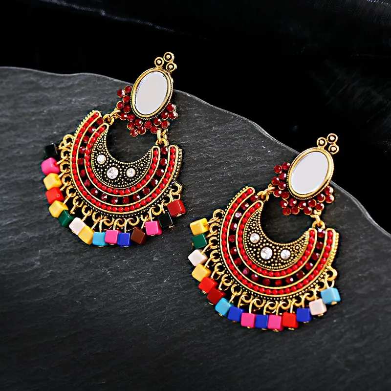 OIQUEI, индийские ювелирные изделия Jhumki, цыганские Этнические Ретро большие размеры, в форме Луны, зеркальные цветные Квадратные бусины, висячие серьги с кисточкой для женщин