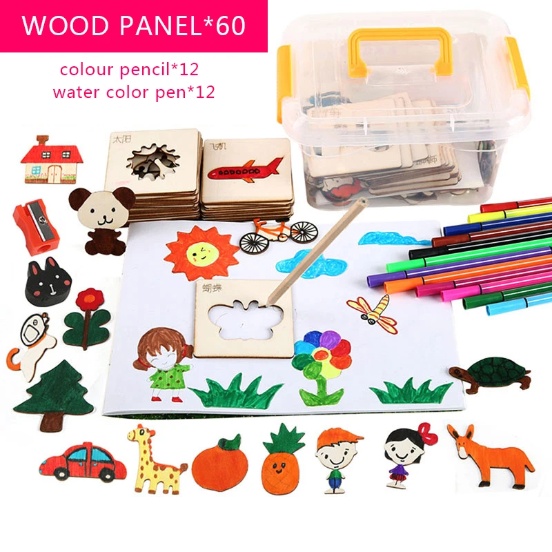 

children Educational drawing toys 24/36/60Pcs Kids DIY Handmade Wooden Painting Board Template Drawing Stencils Graffiti Toy