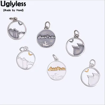 

Uglyless China Chic Boating Eaves Moon Pendants for Women Chinese Style Real 925 Silver Hollow Round Necklaces NO Chains P754