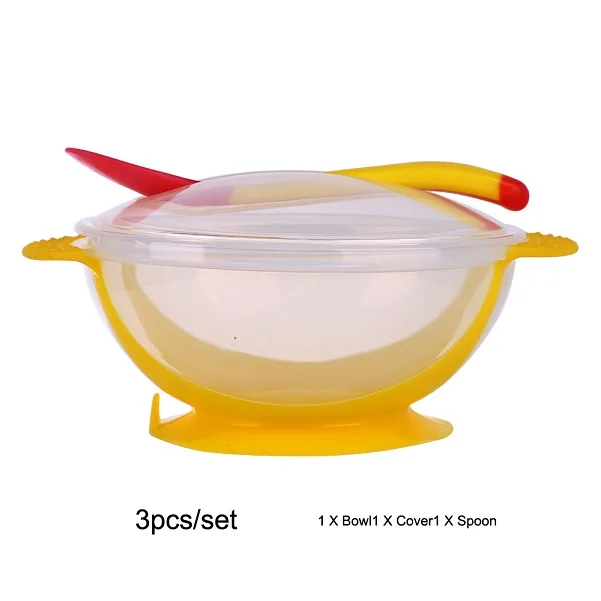 yellow cover spoon Детская Посуда столовая посуда всасывающая чаша с ложка с датчиком температуры детская еда малыш мальчик девочка столовая миска для питомца посуда - Цвет: yellow cover spoon