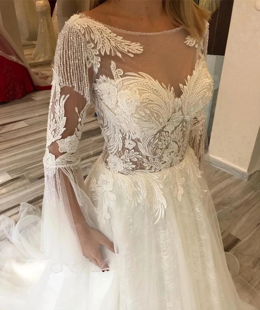 New Design A Line Wedding Dress Sheer Neck Long Sleeve Tassel Lace Glitter Bridal Gowns Graceful Robe de mariee