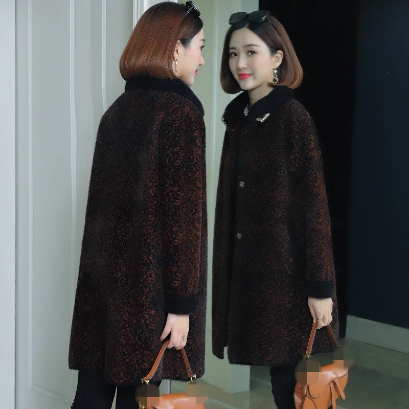 Winter Fashion Elegant Faux Mink Fur Coat Women Streetwear Office Lady Long Sleeve Fur Collar Overcoat Plus Size Stand Collar