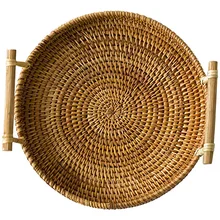 Rattan Bread Basket Round Woven Tea Tray With Handles For Serving Dinner Parties Coffee Breakfast(8.7 Inches