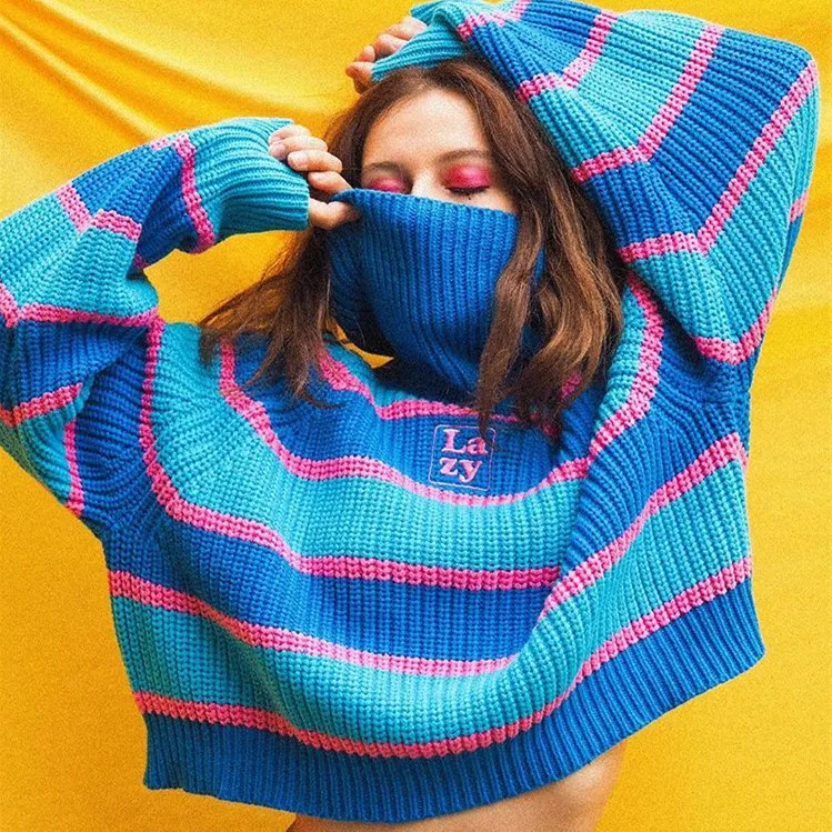 

New Arrival Women Full Sleeve Turtleneck Sweaters Autumn Winter Knitted Clothes Fashion Striped Pullover Sweaters Women SL136