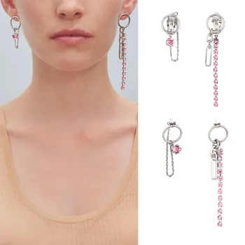 

Pink water drill chain tassel personality asymmetry earrings female earless