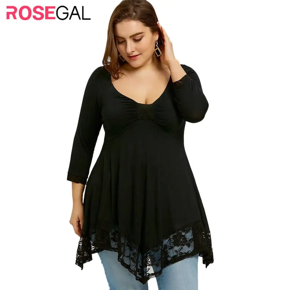  ROSE GAL Female T-Shirt Plus Size Spring Lace Trim Empire Waist Handkerchief TShirt Women Female To