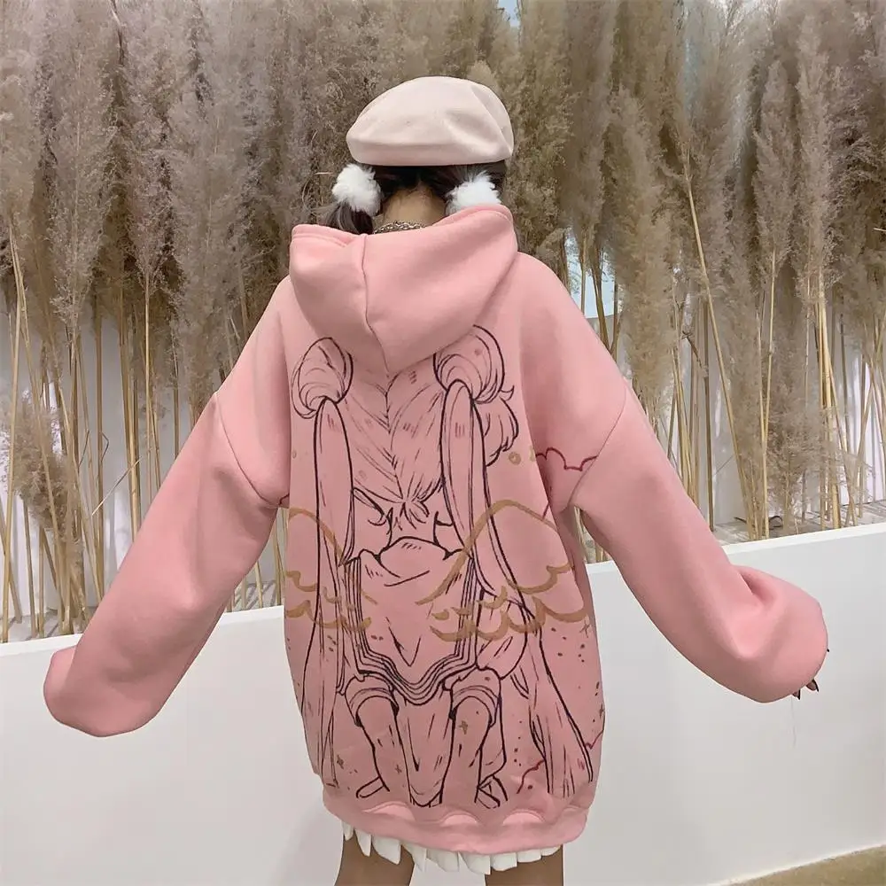 Cartoon Print Hoodies Women Hooded Long Sleeve Autumn Winter Sweatshirts Harajuku Cute Kawaii Tops Oversize Pullover Streetwear