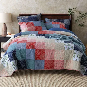 

Korean Patchwork Bedspreads Cotton Quilt Set 3-Piece Handmade Quilts Pillowcase Bed Cover King Queen Size Coverlet Sets