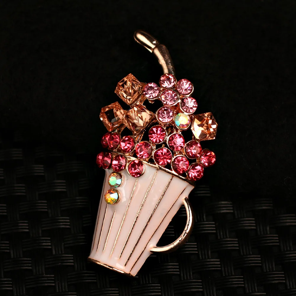 

2021 Fashion Jewelry Vintage Pink Crystal Water Cup Pin Brooch Charm Collar Scarf Pin Enamel Brooch Ladies Accessories