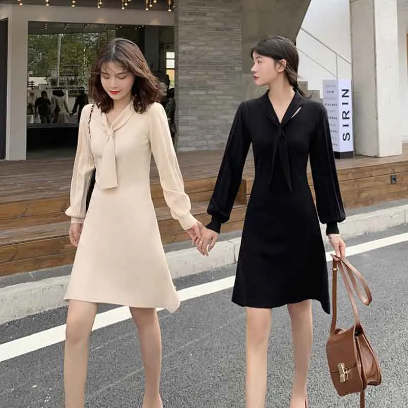 

Autumn Winter New Female Slim A-Line Basic Dress Casualelegant OL Turtleneck Slim Long Sweater Dress Women Thick Knit Dresses
