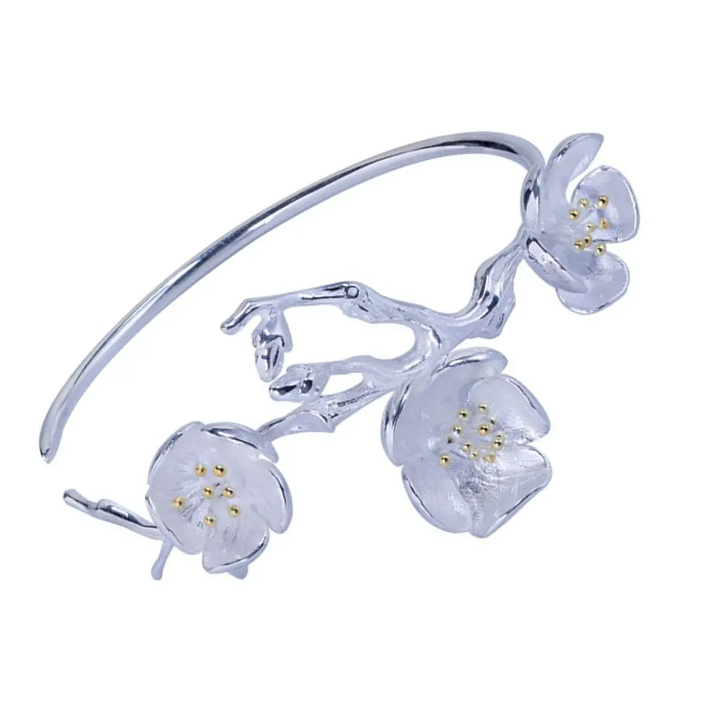 

925 Silver Flower Twig Bracelet Female Ancient Style Hanfu Open Silver Bracelet Ethnic Style Accessories