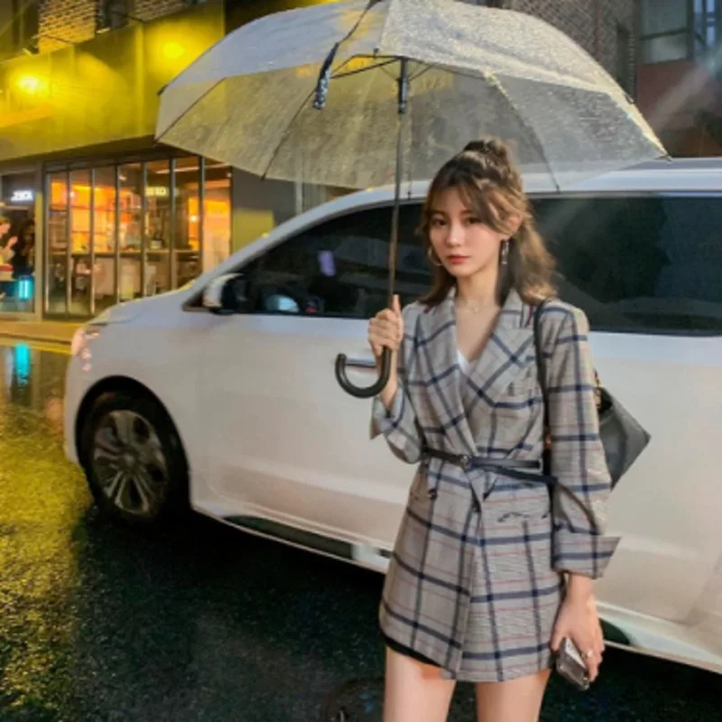 

Korean Elegant Autumn Winter Coat 2019 Plaid Turn-down Collar Jacket Women Casual Office Loose Ladies England Overcoat Outerwear
