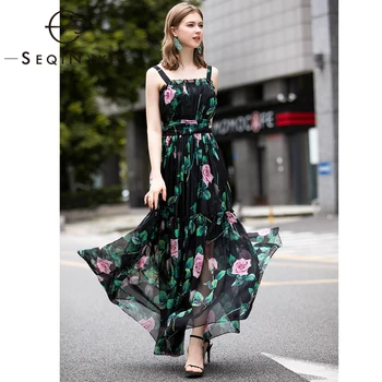 

SEQINYY Chiffon Dress 2020 Summer Spring New Fashion Design Women Runway Strapless Ruffles Flowers Print Black Long Dress Runway