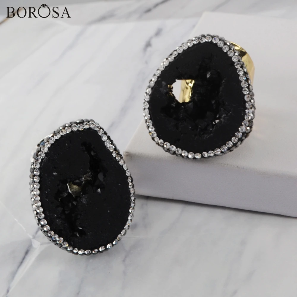 BOROSA Natural Black Agates Geode Slice Druzy Rings Gold Silver Plated Freeform Cubic Zirconia Ring Fashion Jewelry JAB970 | Украшения и