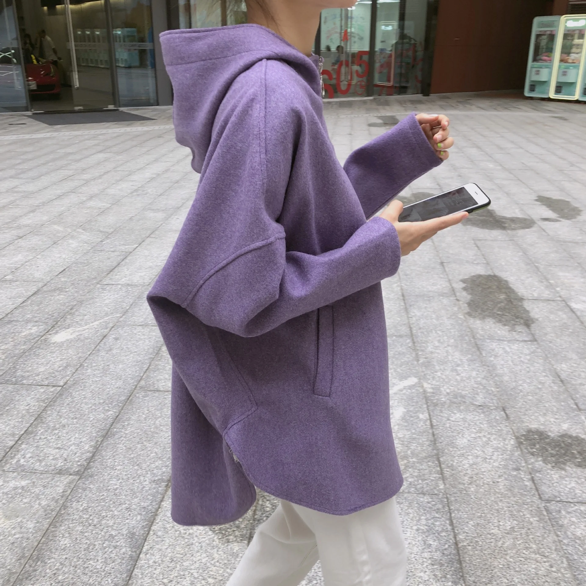 Осенняя одежда для фотосессии, корейский стиль, стиль, Harajuku стиль, свободный крой, средней длины, с разрезом, с капюшоном, шерстяная одежда с длинными рукавами