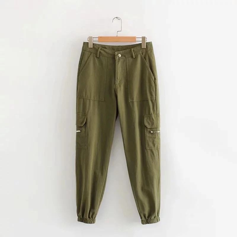 Увядшие английские винтажные на молнии боковые карманы армейский зеленый брюки карго Женские панталоны mujer pantalon femme брюки женские