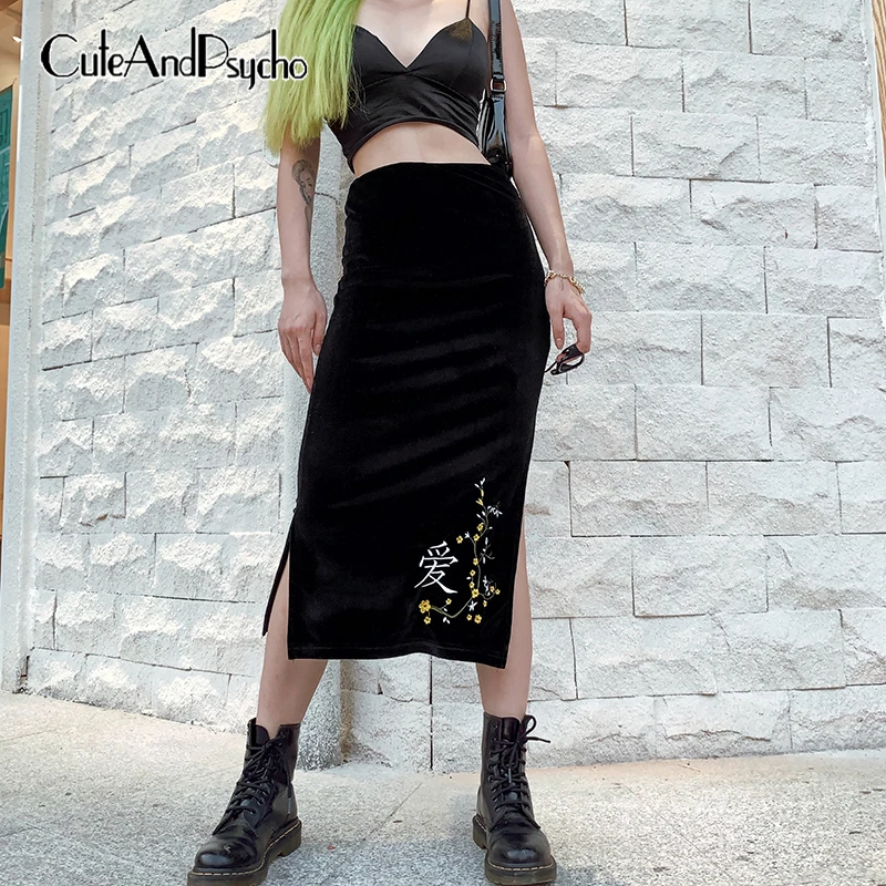 Китайский стиль Цветочный Вышивка миди юбки женские с высоким разрезом Сексуальная винтажная юбка в стиле "Ретро" уличная Осень Новая мода Cuteandpsycho