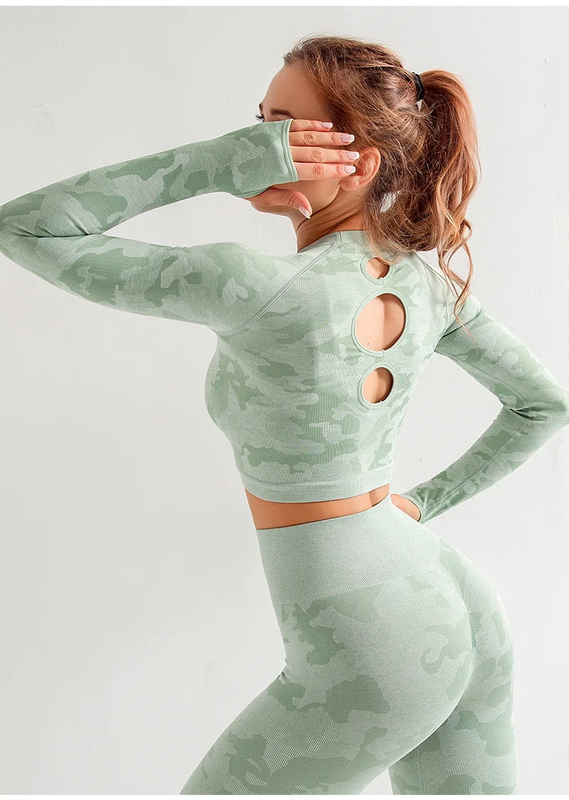 Женская бесшовная Спортивная рубашка с эффектом пуш-ап, женский спортивный укороченный топ, камуфляжная Женская одежда с длинным рукавом для занятий йогой и фитнесом, сексуальная спина