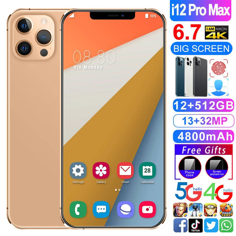 Global Version phone I12 Pro max Dual SIM Smartphones Deca Core Mobile phone 4800Mah Fingerprint face ID 12GB+512GB 13+32MP