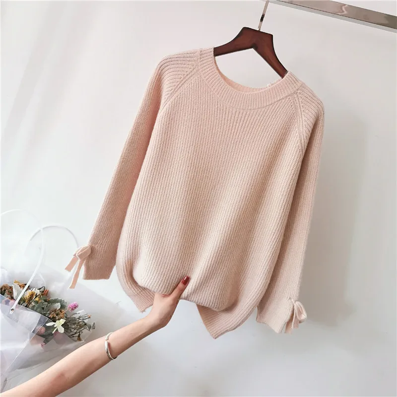 2019 женский Однотонный свитер осенний свободный пуловер с длинными рукавами и