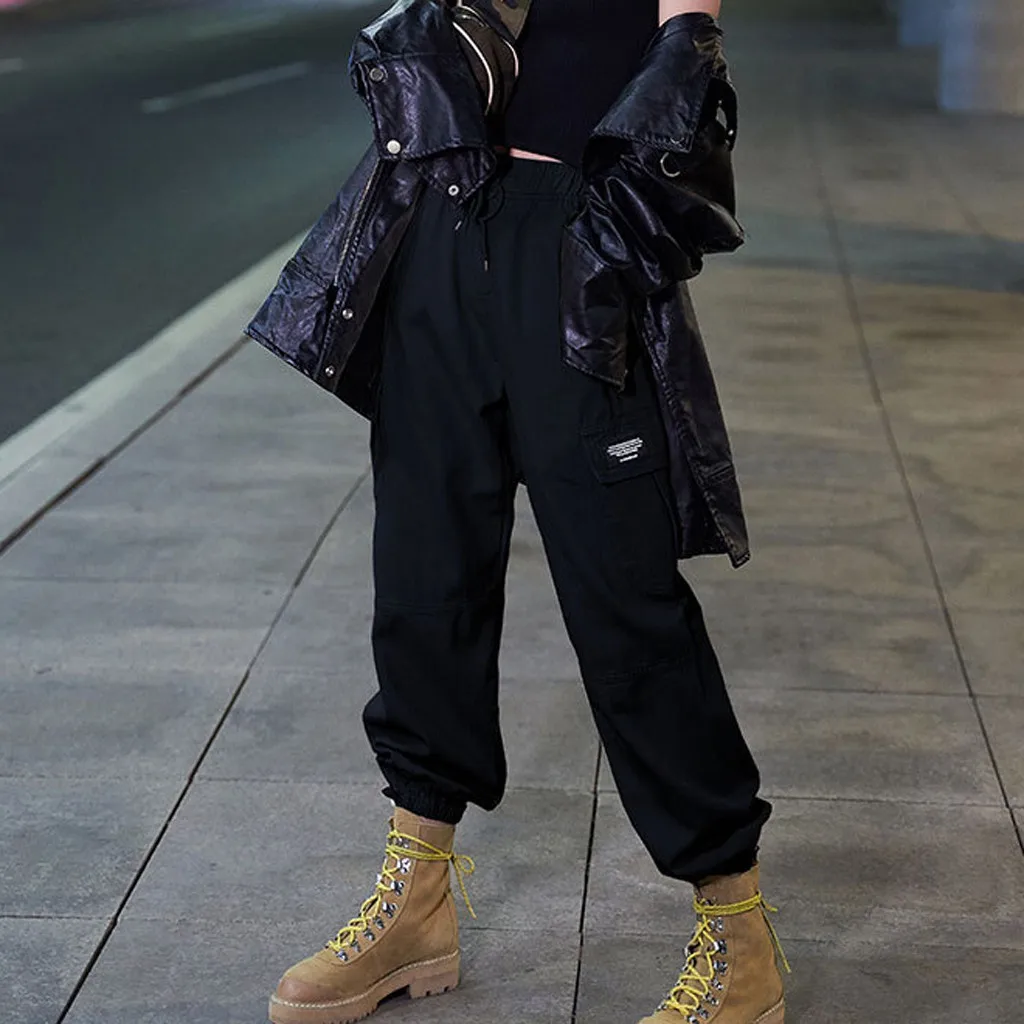Women Loose Harem Pants Drawstring Side Pockets Long Pant Winter Spring Elastic Waist Trousers Female Street Style Cargo Trouser