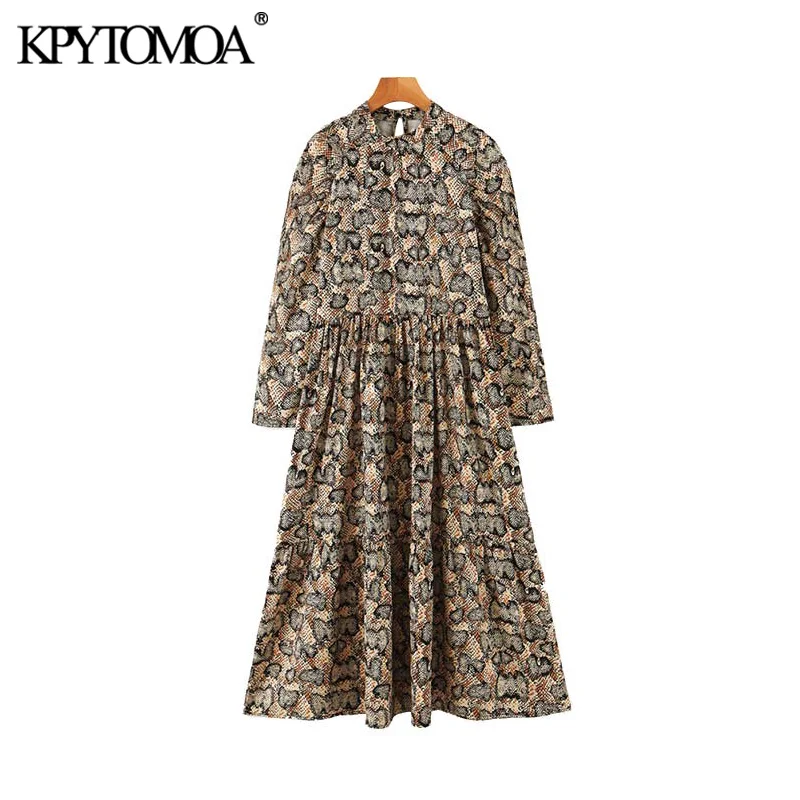 Vintage Stylish Snake Print Pleated Midi Dress Women 2020 Fashion O Neck Long Sleeve Female Dresses Casual Vestidos Mujer Vintage Stylish Snake Print Pleated Midi Dress Women 2020 Fashion O Neck Long Sleeve Female Dresses Casual Vestidos Mujer