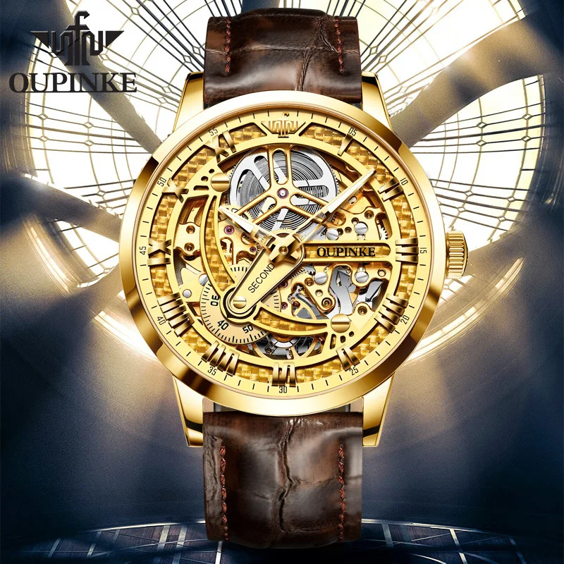 

OUPINKE Mechanical Men's Watches Brand Luxury Watch Men Automatic Skeleton Wristwatches Waterproof Leather Strap Zegarek Meski