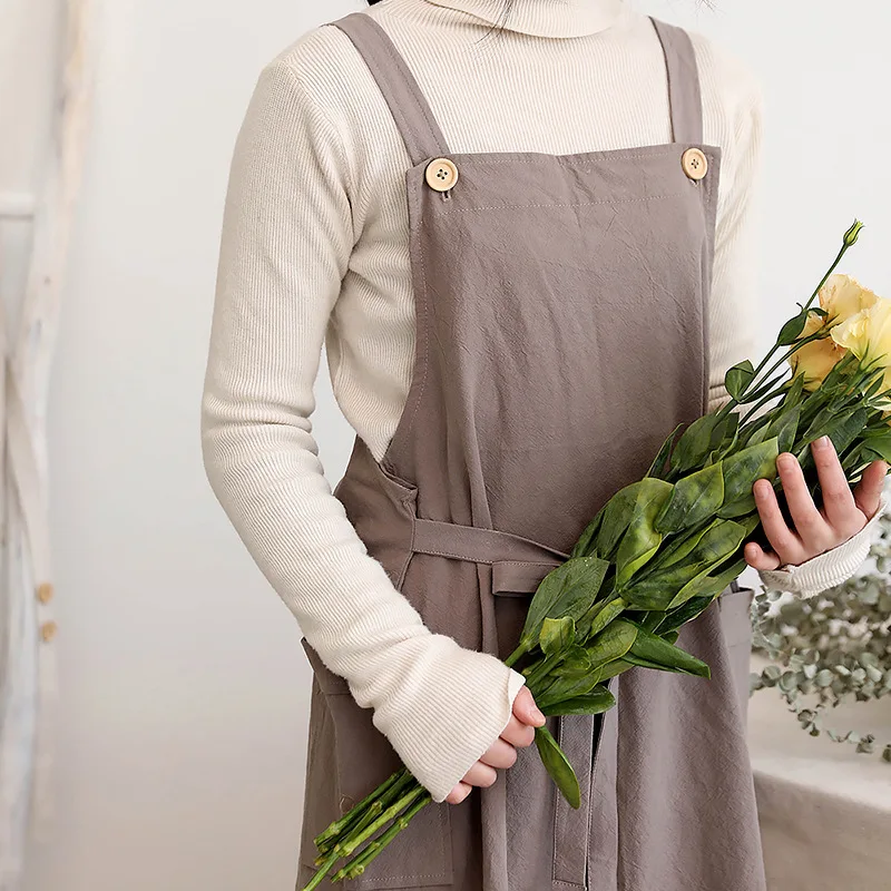 New Cotton Linen Apron For Cooking Baking Flower Shop Ruffles Work Clean Kitchen Aprons for Woman Uniform Lady Dress