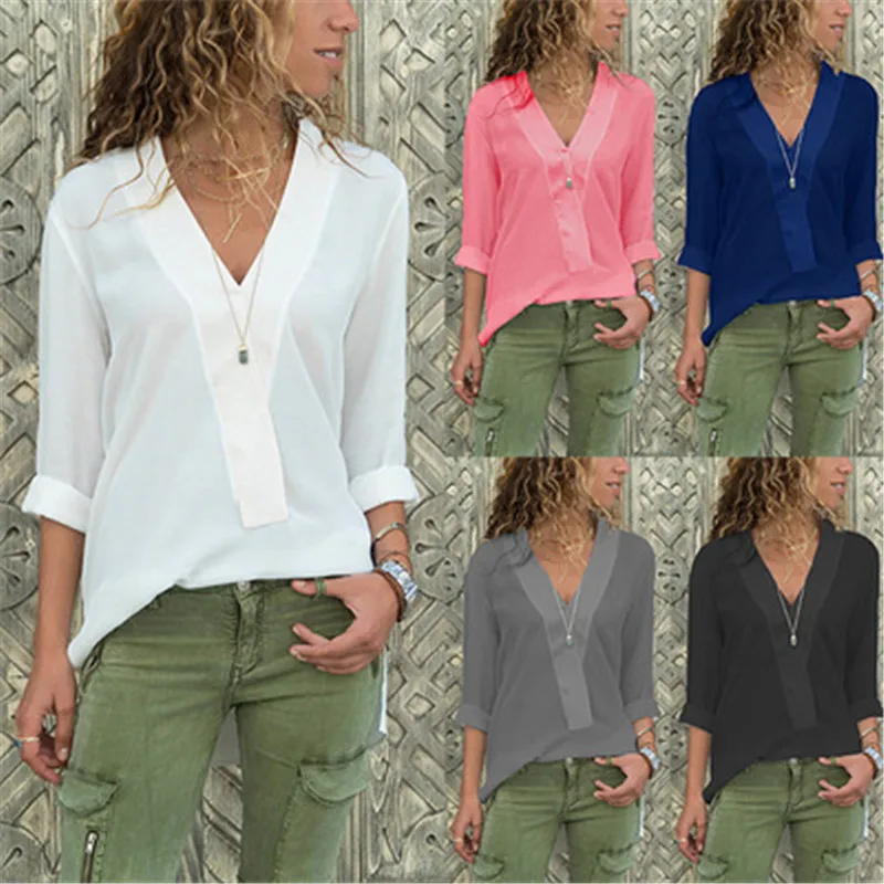 

Women Blouse Casual V-Neck Office White Shirt Plus Size Tops Female Solid Color Long-Sleeve Chiffon Blouse Summer Autumn blusa
