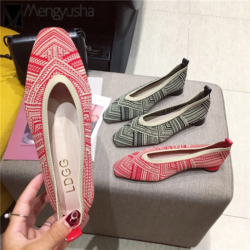 

Red Breathable weaving flats women striped camouflage espadrilles mixed color shoes square toe stretch creeper mujer thick heels