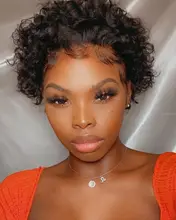 Beeos-peluca corta con rulos de corte Pixie 250%, 4x4, pelucas de cabello humano brasileño Remy, cabello humano de 8 pulgadas prearrancado con pelo de bebé