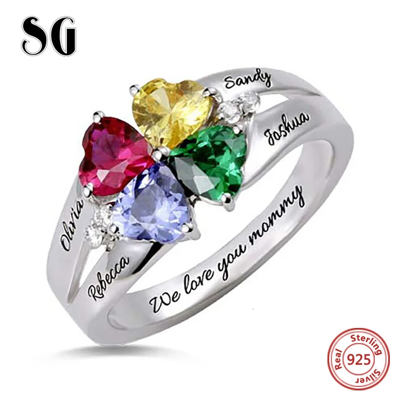

New 925 Sterling Silver Custom Four-Heart Birthstone Engraved Names Ring for Mother's Day Gift Stelring Silver Jewelry