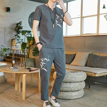 

Chinese National Style Tang Suit Large Size Suit Male Casual Cotton and Linen Embroidery Two-piece Suit Male