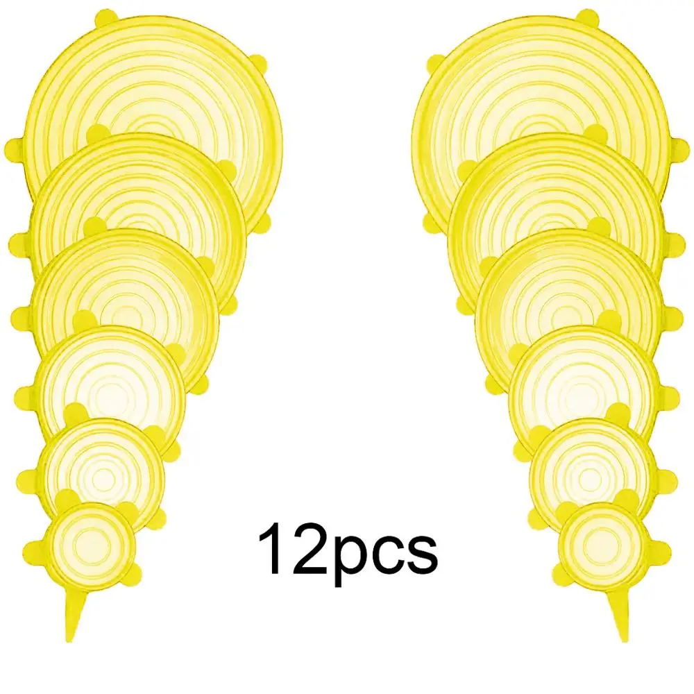 3/6/12 шт многоразовые кремния стрейч крышки Универсальная крышка силиконовая пленка пищевая миска горшок крышкой силиконовый чехол Пан приготовления Кухня - Цвет: 12pcs-yellow