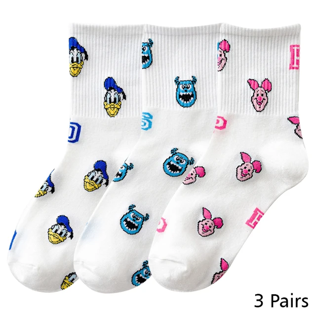 8 Pairs Disney Cartoon Socks Cute Mickey Minnie Daisy Donald Winnie Piglet Print White Funny Harajuku Fashion Kawaii Girl Sock HD017