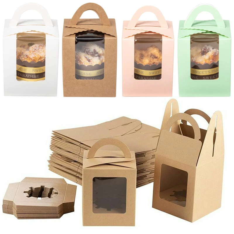 

10Pcs/Set Kraft Paper Boxes Transparent Window Portable Cupcake Box For Christmas Wedding Party Supplied