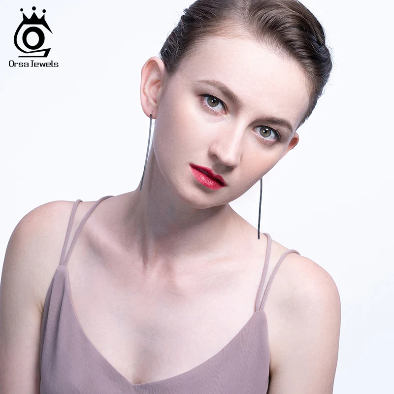 

ORSA JEWELS 100% Real 925 Long Drop Earrings Sterling Silver Simple Fashion Irregular Stripe Long Dangle Earrings Jewelry SE187