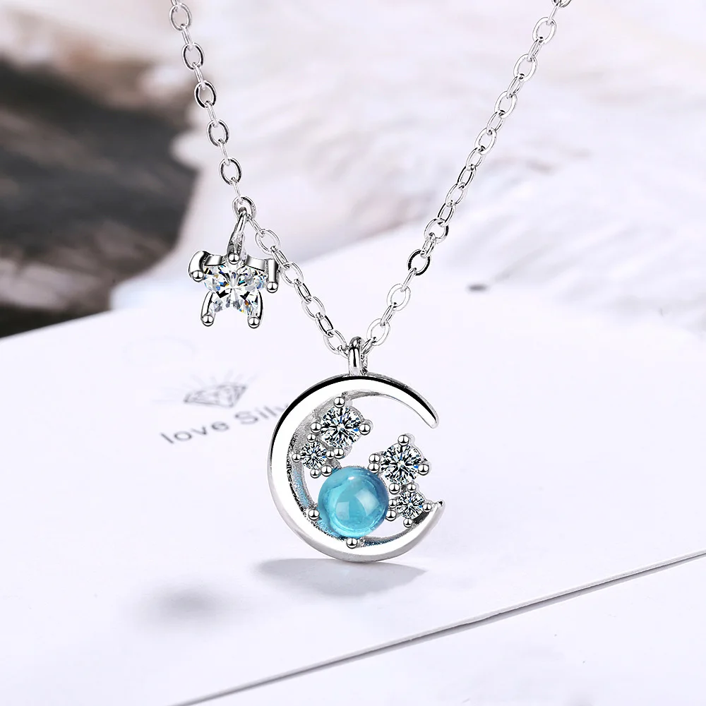 

Simple 925 Sterling Silver Star MoonTassel Micro Blue Zircon Shaped Pendant Necklace For Women Clavicle Chain Choker Gift