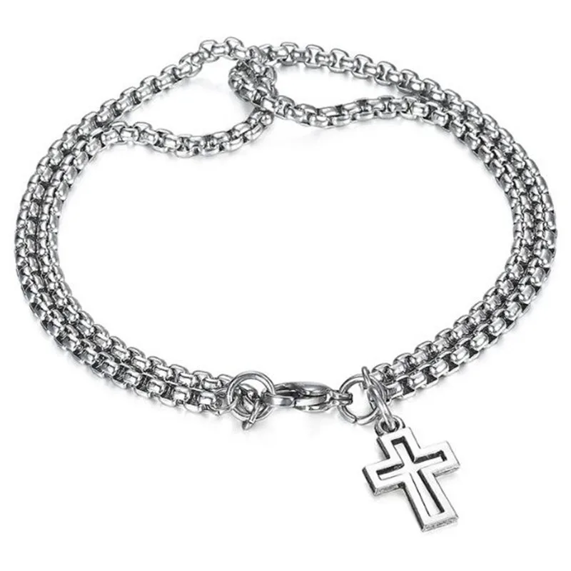 

New Double Strand Rolo Chain with Cross Charms Bracelet for Men Stainless Steel Lobster Claw Clasp Closure