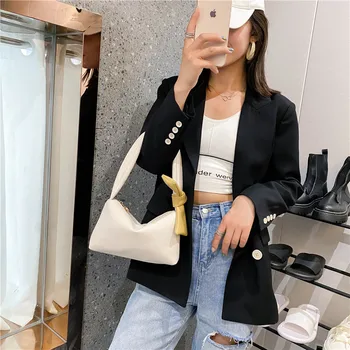 

Women's Bow Shoulder Bag Soft Leather Designer Handbag Female Baguette Shape Underarm Bag Vintage Tote Small Subaxillary Bags