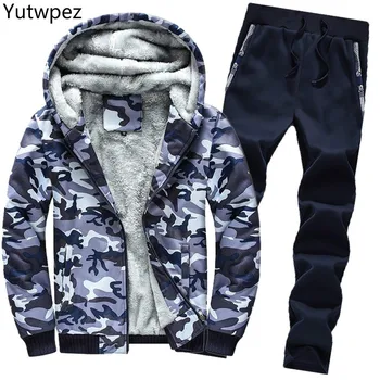 

Winter Tracksuit Men Sets 2 Pieces Camouflag Sportswear Brand Clothing Jacket Hoodies Pants Warm Fleece Zipper Sweater Sets 2019