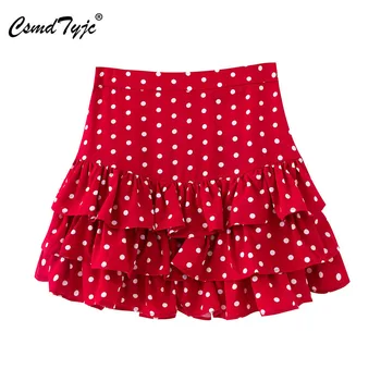 

Bohemian Dot Print Ruffled Women Skirts High Waist Summer Casual Female Red Skirts Beach Style Soft Ladies Short Mini Skirts