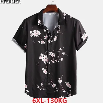 

summer men beach Hawaii shirts short sleeve print flower large size 5XL 6XL black shirts man casual Comfortable shirt 56 130KG