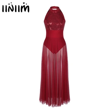

iiniim Adult Athletic Dancewear Costumes Sequined Maxi Ballet Dance for Performance with Built-in Gymnastics Leotard for Womens
