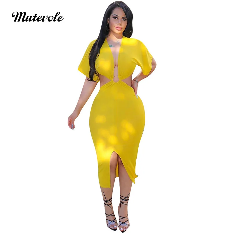 

Mutevole Summer Sexy Deep V Neck Party Midi Dress Women Bodycon Backless Split Dress Elegant Solid Color Short Sleeve Club Dress