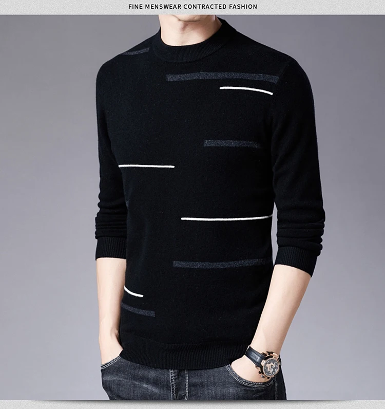 2019 новый осенне-зимний свитер для людей среднего возраста с круглым вырезом из тонкой шерсти в японском стиле в полоску черного и серого