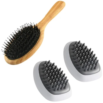 

1x Hair Brush Boar Bristle Hair Brush with Nylon Pins Bamboo Paddle & 2Pcs Massage Hair Brush, Soft Rubber Head Scalp