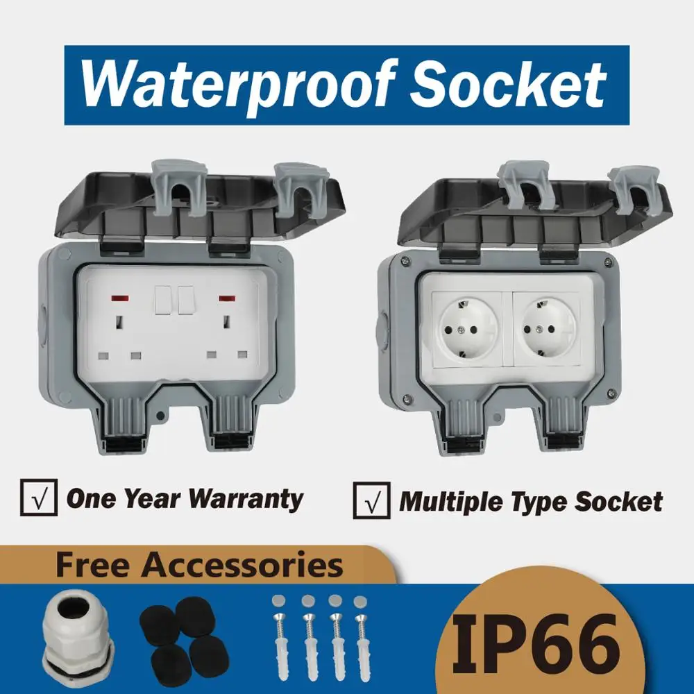 

French EU UK British Germany European Chinese 2 Gang Waterproof Socket Enclosure Box Outdoor Outlet Weatherproof 13A 16A Plug In