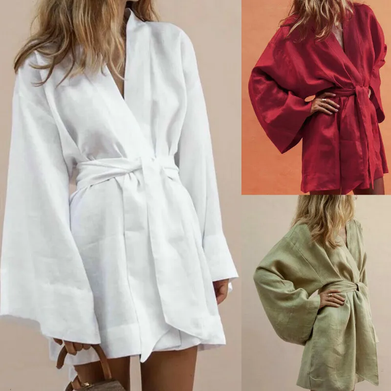 

Women's Autumn Short Mini Dress Plain Color Long Sleeve Batwing Sleeve V-Neck Dress With Belt